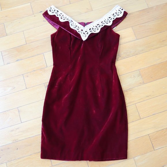 Vintage 80s Jessica McClintock Gunne Sax Velvet & Lace Party Dress - Picture 8 of 16